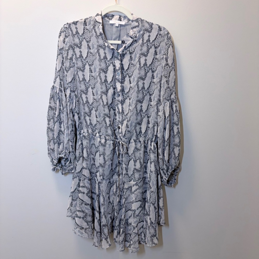 Olivaceous Grey Snakeskin Print Button Down Puff Sleeve Mini Dress Size M